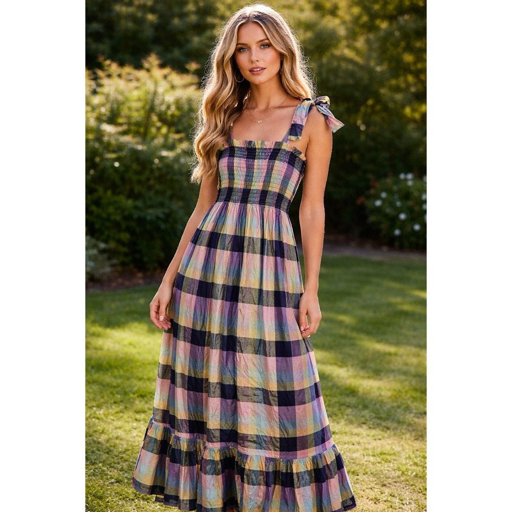 Faith-Rowan Leeves XXS Maxi Dress Womens Multicolor Excellent Plaid Smocked